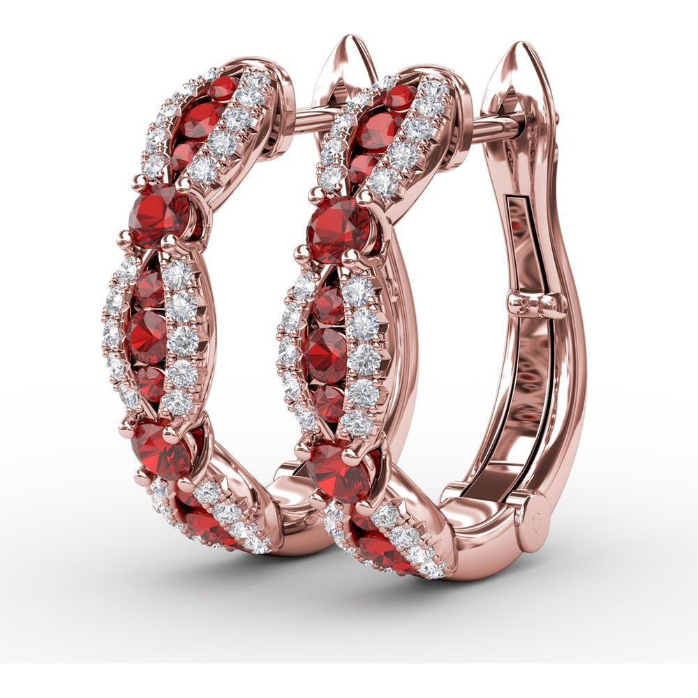 Openwork Hoop Earrings with Pavé Diamonds and Round Rubies by Fana - 1.24 Carat Total Gemstone Weight