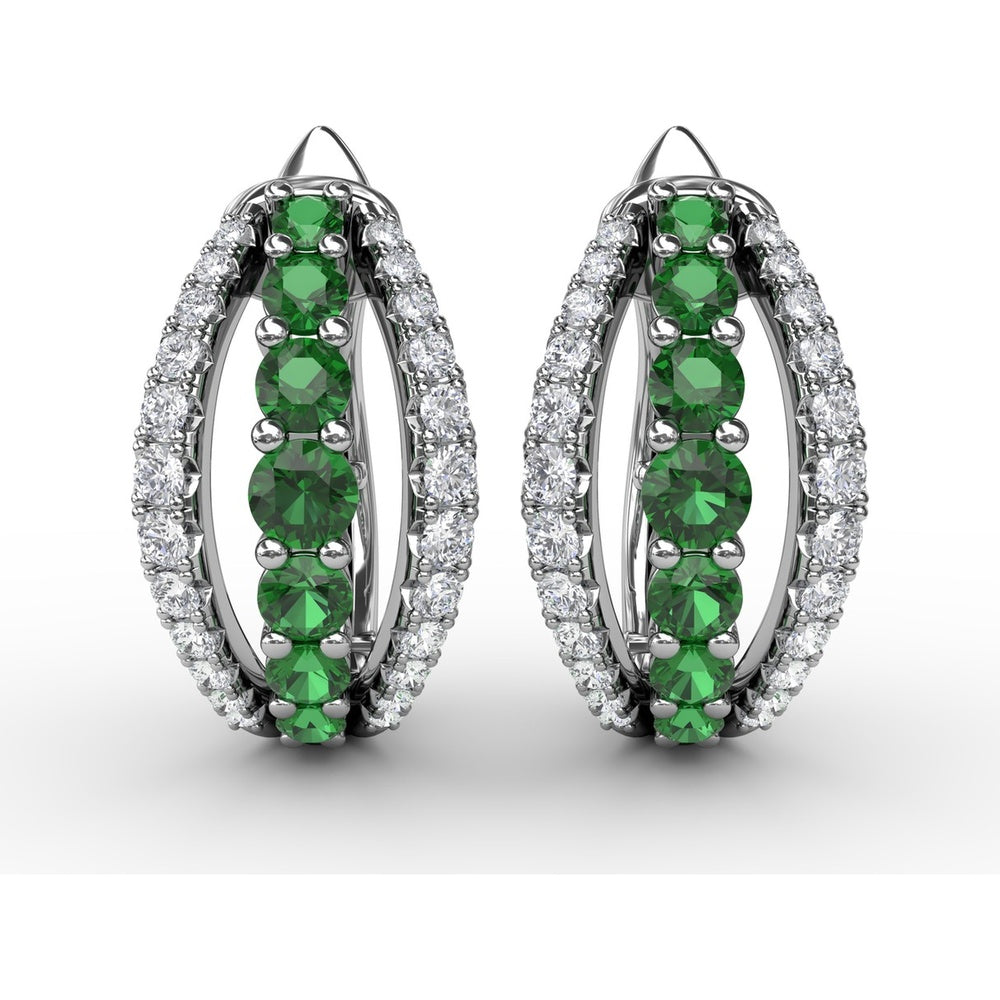 Openwork Hoop Earrings with Round Emeralds and Pavé Diamonds by Fana - 0.85 Carat Total Gemstone Weight