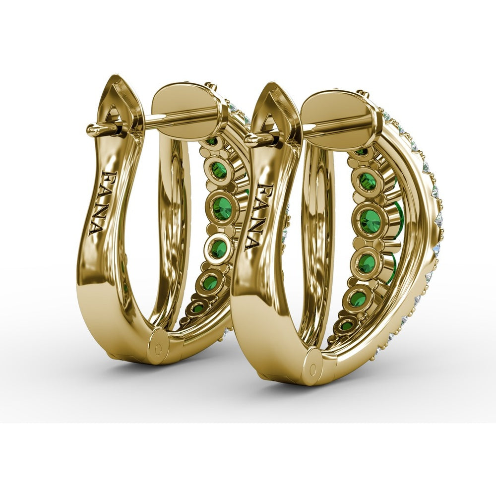 Openwork Hoop Earrings with Round Emeralds and Pavé Diamonds by Fana - 0.85 Carat Total Gemstone Weight