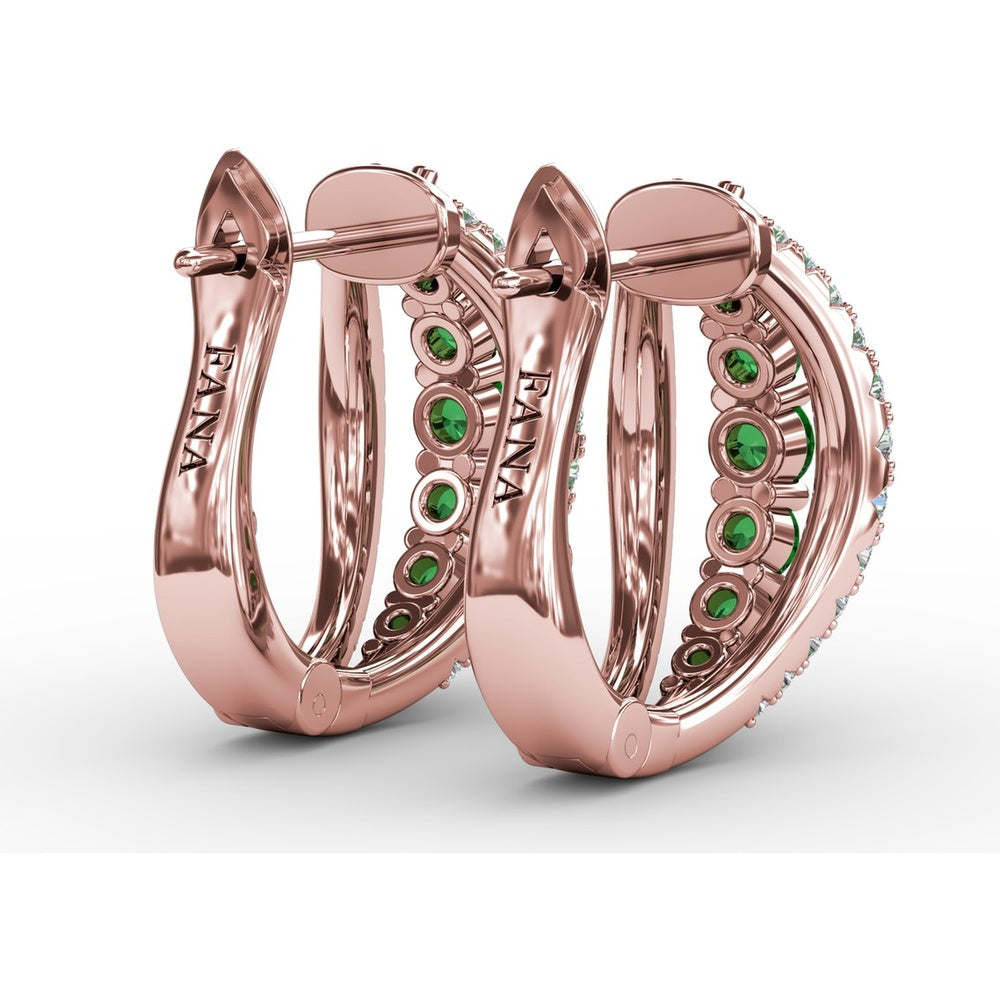 Openwork Hoop Earrings with Round Emeralds and Pavé Diamonds by Fana - 0.85 Carat Total Gemstone Weight
