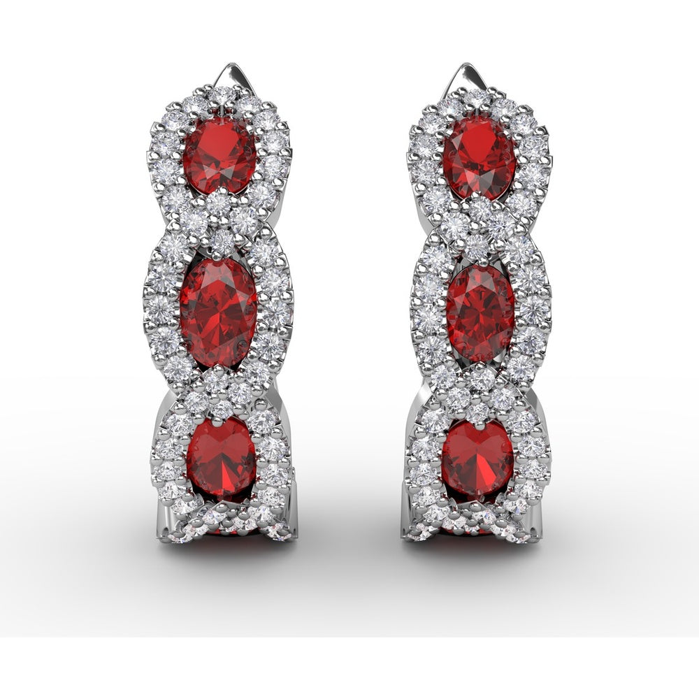 Openwork Hoop Earrings with Round Rubies and Diamond Halos by Fana - 1.67 Carat Total Gemstone Weight