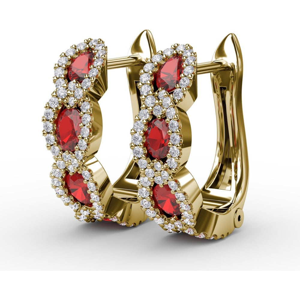 Openwork Hoop Earrings with Round Rubies and Diamond Halos by Fana - 1.67 Carat Total Gemstone Weight