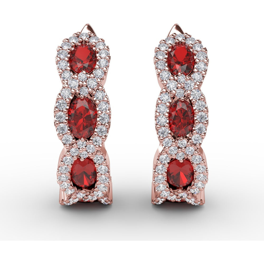 Openwork Hoop Earrings with Round Rubies and Diamond Halos by Fana - 1.67 Carat Total Gemstone Weight