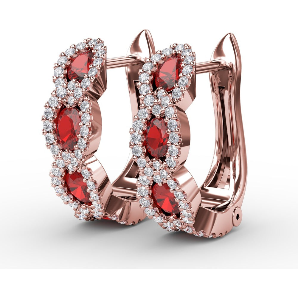 Openwork Hoop Earrings with Round Rubies and Diamond Halos by Fana - 1.67 Carat Total Gemstone Weight