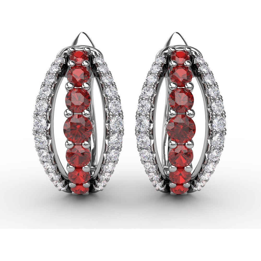 Openwork Hoop Earrings with Round Rubies and Pavé Diamonds by Fana - 0.97 Carat Total Gemstone Weight