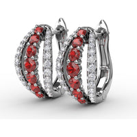 Openwork Hoop Earrings with Round Rubies and Pavé Diamonds by Fana - 0.97 Carat Total Gemstone Weight