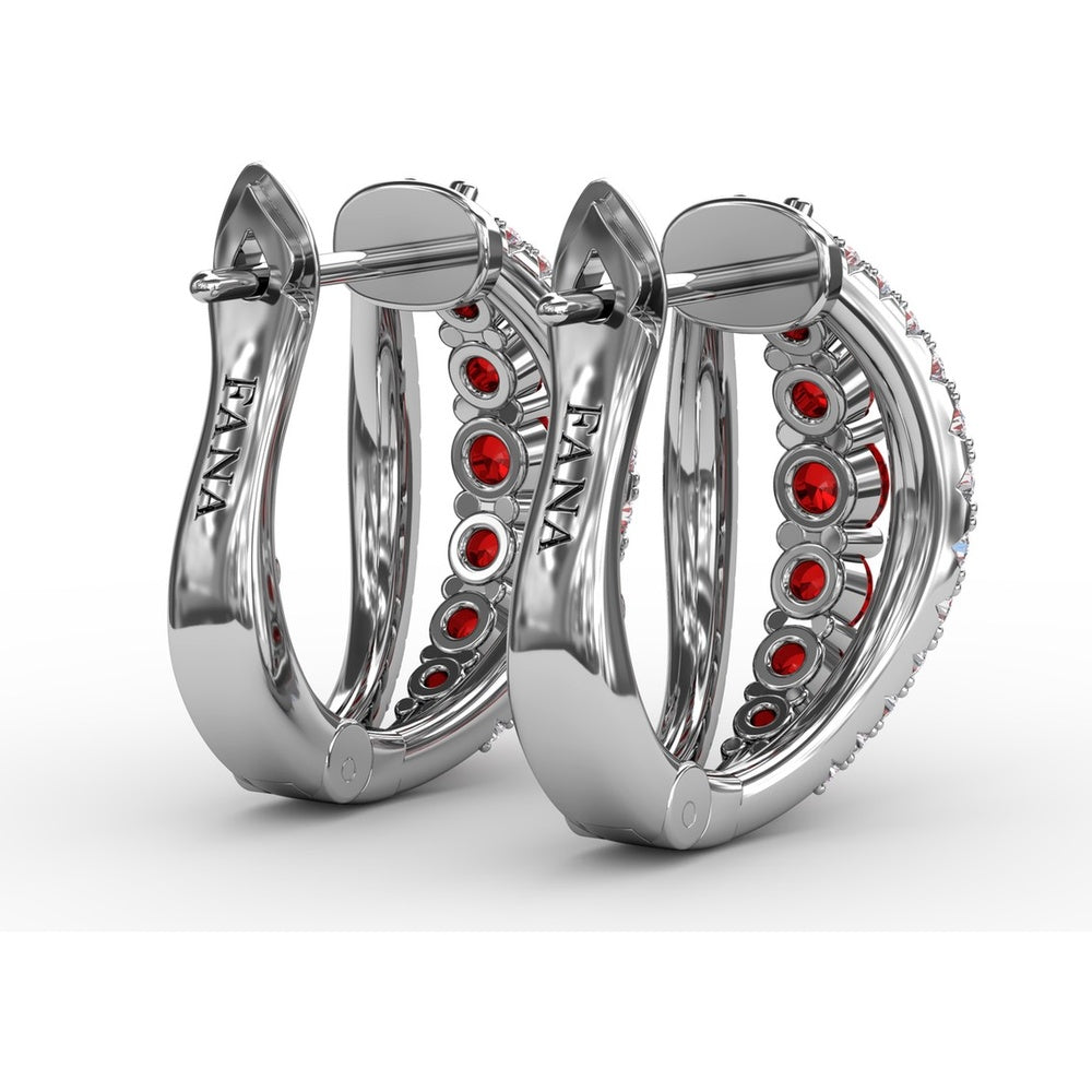 Openwork Hoop Earrings with Round Rubies and Pavé Diamonds by Fana - 0.97 Carat Total Gemstone Weight