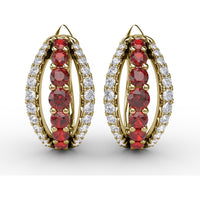 Openwork Hoop Earrings with Round Rubies and Pavé Diamonds by Fana - 0.97 Carat Total Gemstone Weight