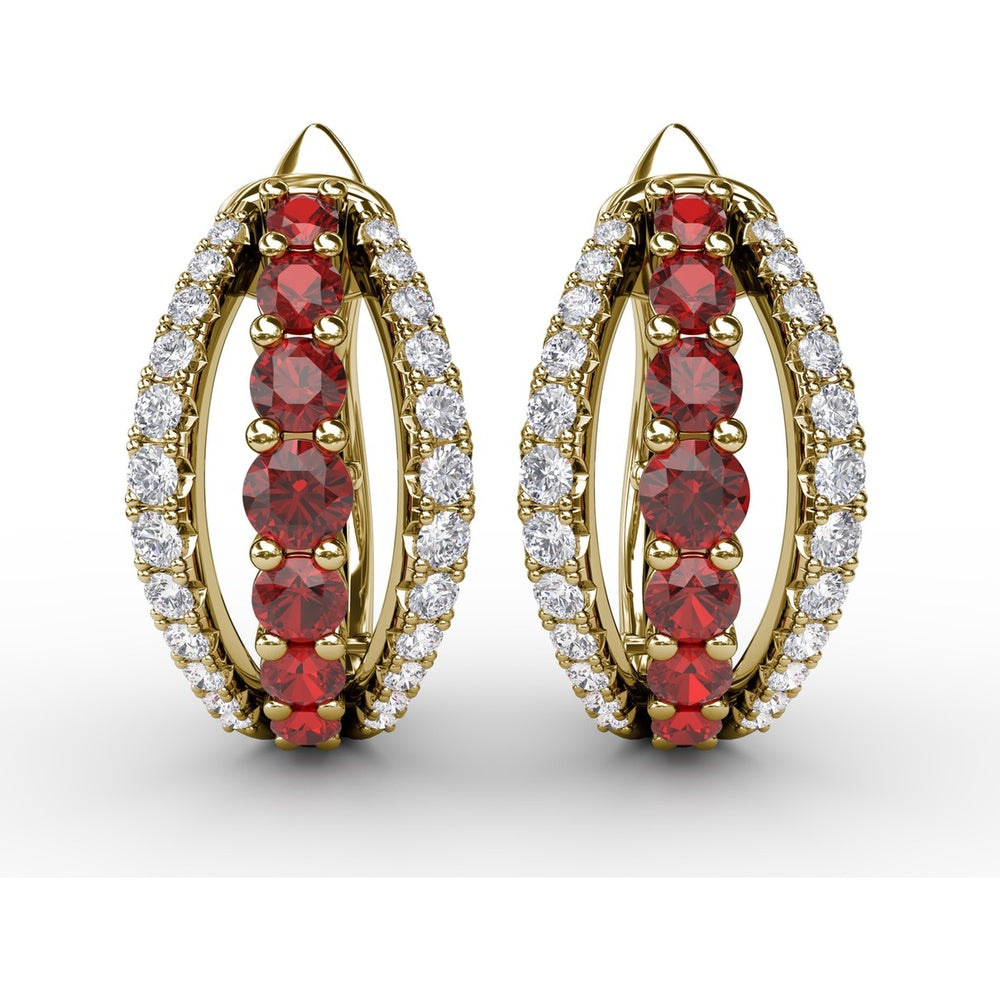 Openwork Hoop Earrings with Round Rubies and Pavé Diamonds by Fana - 0.97 Carat Total Gemstone Weight