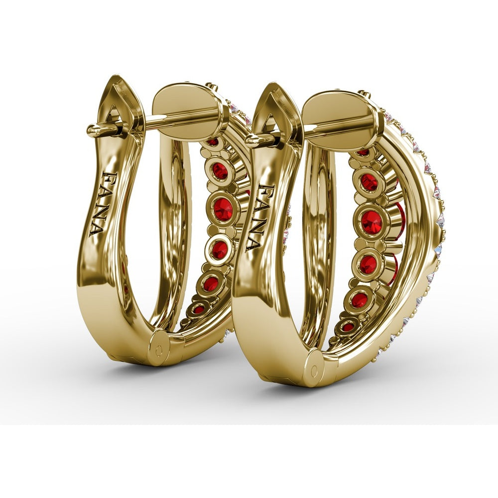 Openwork Hoop Earrings with Round Rubies and Pavé Diamonds by Fana - 0.97 Carat Total Gemstone Weight