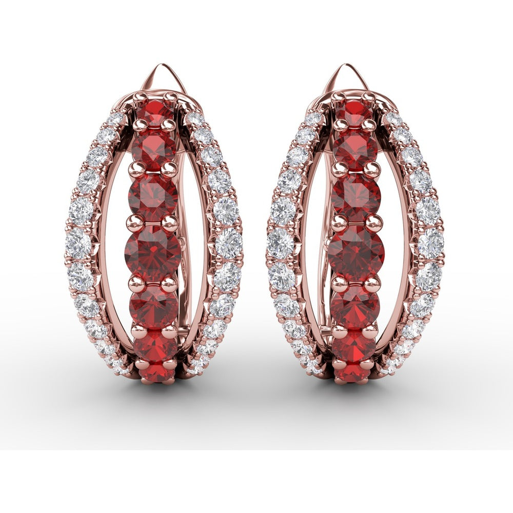 Openwork Hoop Earrings with Round Rubies and Pavé Diamonds by Fana - 0.97 Carat Total Gemstone Weight