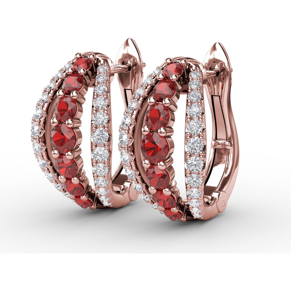 Openwork Hoop Earrings with Round Rubies and Pavé Diamonds by Fana - 0.97 Carat Total Gemstone Weight