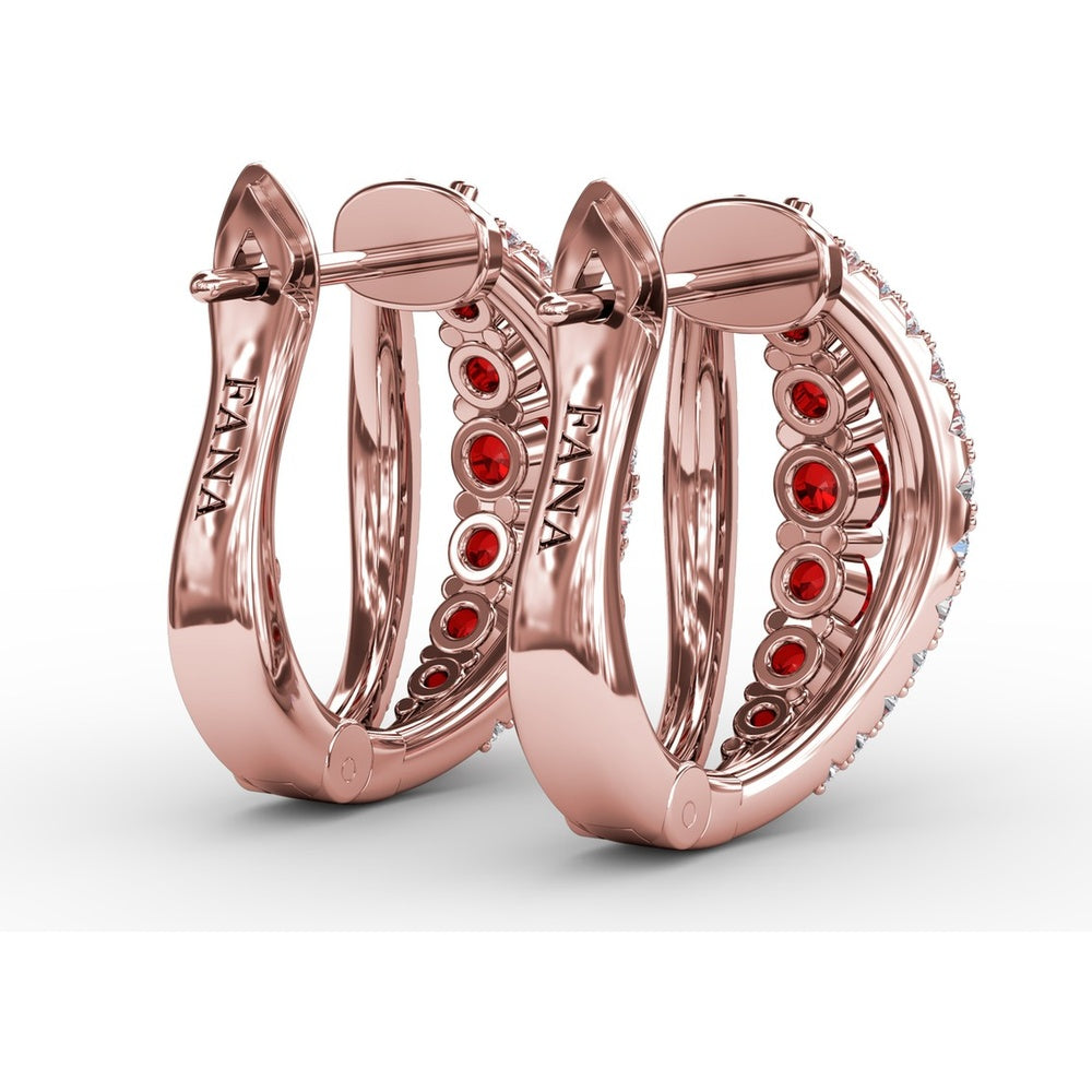 Openwork Hoop Earrings with Round Rubies and Pavé Diamonds by Fana - 0.97 Carat Total Gemstone Weight