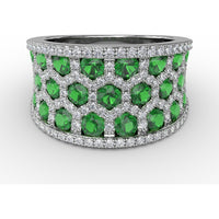 Openwork Motif Ring with Hexagon Cutouts, Pavé Diamonds, and Round Emeralds by Fana - 3.08 Carat Total Gemstone Weight
