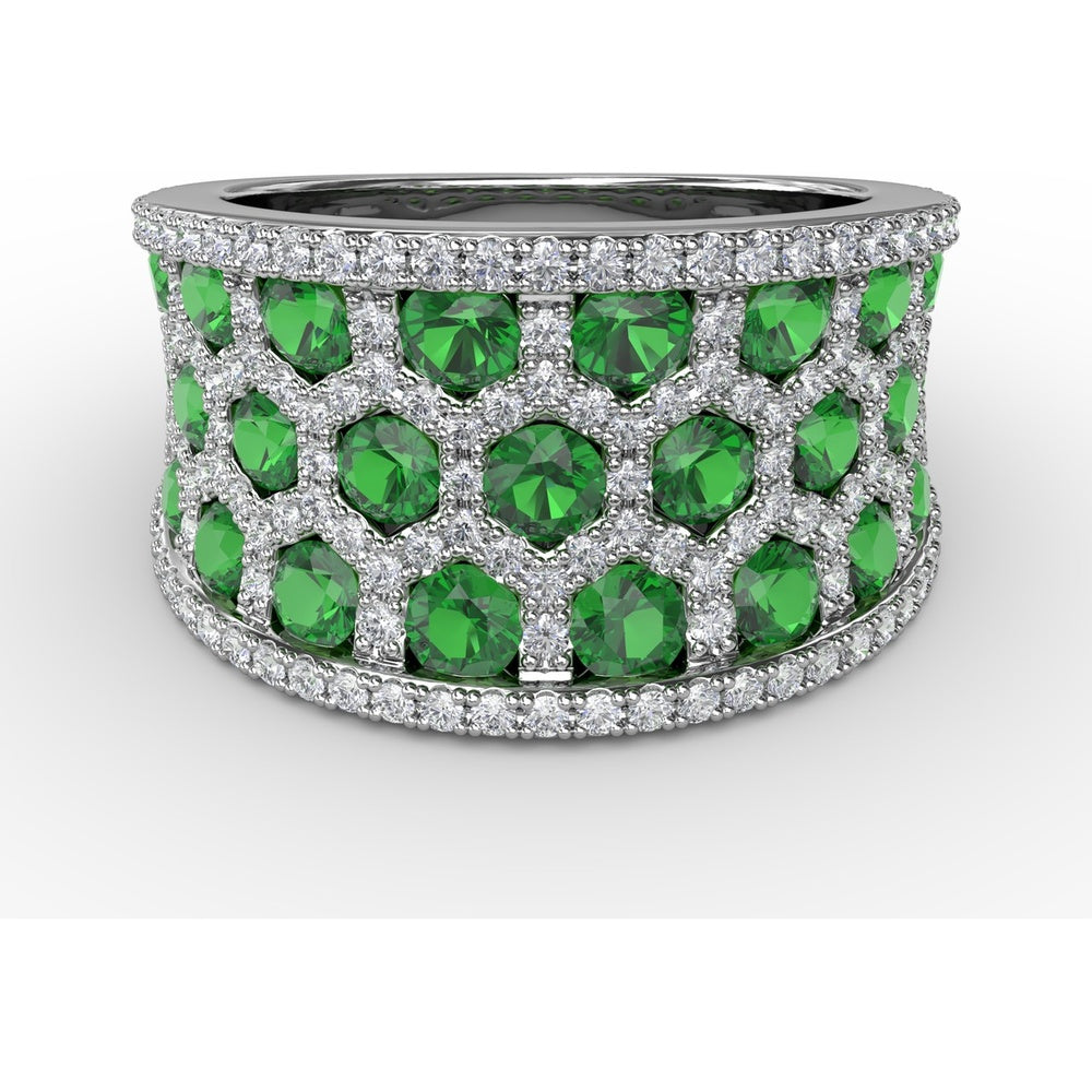Openwork Motif Ring with Hexagon Cutouts, Pavé Diamonds, and Round Emeralds by Fana - 3.08 Carat Total Gemstone Weight