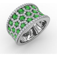 Openwork Motif Ring with Hexagon Cutouts, Pavé Diamonds, and Round Emeralds by Fana - 3.08 Carat Total Gemstone Weight