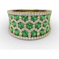 Openwork Motif Ring with Hexagon Cutouts, Pavé Diamonds, and Round Emeralds by Fana - 3.08 Carat Total Gemstone Weight