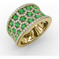 Openwork Motif Ring with Hexagon Cutouts, Pavé Diamonds, and Round Emeralds by Fana - 3.08 Carat Total Gemstone Weight