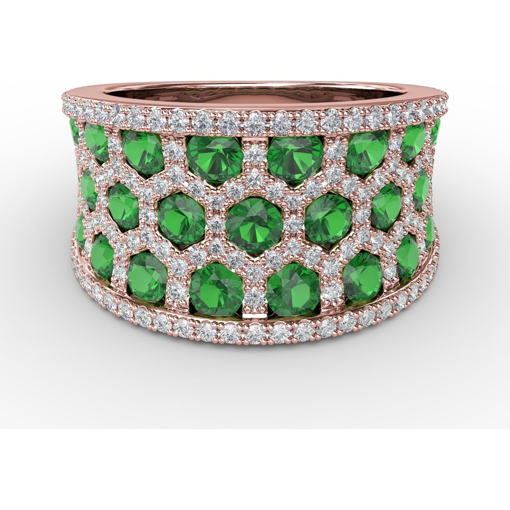 Openwork Motif Ring with Hexagon Cutouts, Pavé Diamonds, and Round Emeralds by Fana - 3.08 Carat Total Gemstone Weight