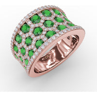 Openwork Motif Ring with Hexagon Cutouts, Pavé Diamonds, and Round Emeralds by Fana - 3.08 Carat Total Gemstone Weight