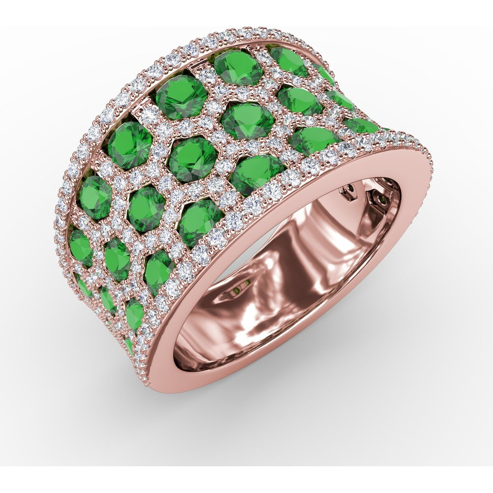 Openwork Motif Ring with Hexagon Cutouts, Pavé Diamonds, and Round Emeralds by Fana - 3.08 Carat Total Gemstone Weight