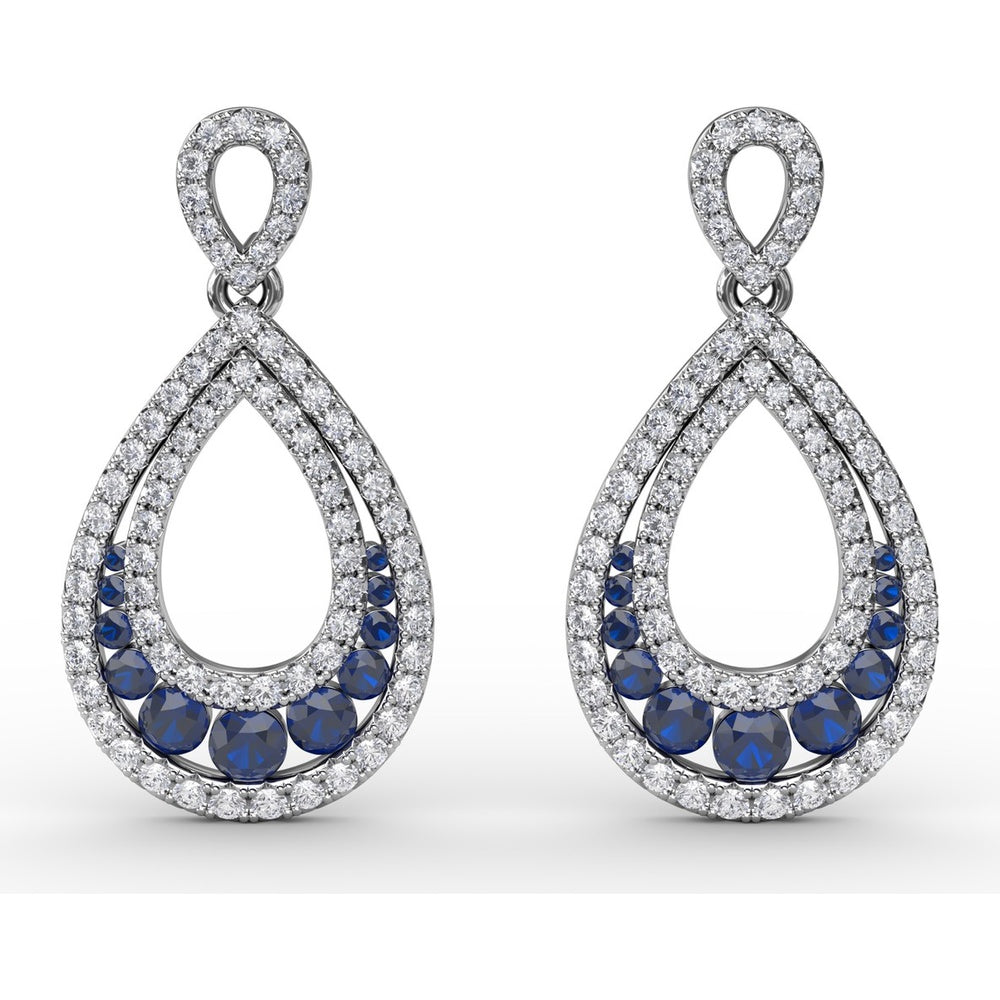 Openwork Teardrop Drop Earrings with Pavé Diamonds and Round Blue Sapphires by Fana - 2.18 Carat Total Gemstone Weight