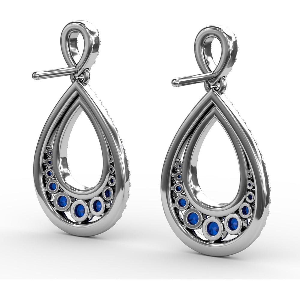 Openwork Teardrop Drop Earrings with Pavé Diamonds and Round Blue Sapphires by Fana - 2.18 Carat Total Gemstone Weight