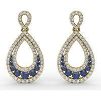 Openwork Teardrop Drop Earrings with Pavé Diamonds and Round Blue Sapphires by Fana - 2.18 Carat Total Gemstone Weight