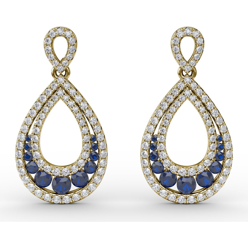 Openwork Teardrop Drop Earrings with Pavé Diamonds and Round Blue Sapphires by Fana - 2.18 Carat Total Gemstone Weight