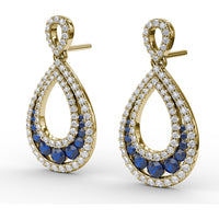 Openwork Teardrop Drop Earrings with Pavé Diamonds and Round Blue Sapphires by Fana - 2.18 Carat Total Gemstone Weight