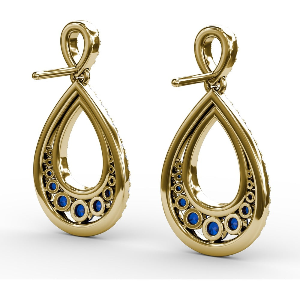 Openwork Teardrop Drop Earrings with Pavé Diamonds and Round Blue Sapphires by Fana - 2.18 Carat Total Gemstone Weight