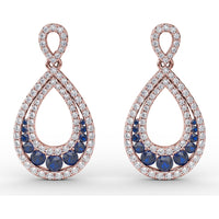 Openwork Teardrop Drop Earrings with Pavé Diamonds and Round Blue Sapphires by Fana - 2.18 Carat Total Gemstone Weight