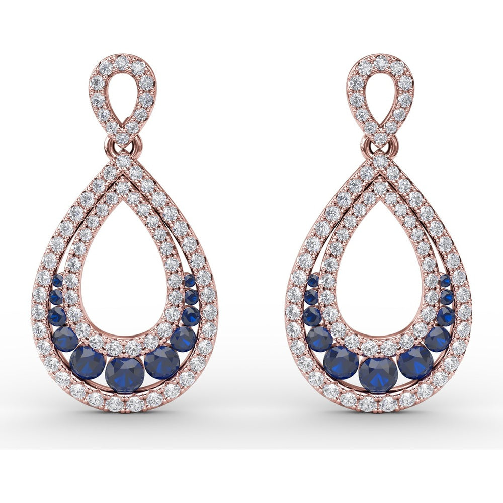 Openwork Teardrop Drop Earrings with Pavé Diamonds and Round Blue Sapphires by Fana - 2.18 Carat Total Gemstone Weight