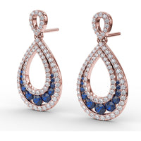Openwork Teardrop Drop Earrings with Pavé Diamonds and Round Blue Sapphires by Fana - 2.18 Carat Total Gemstone Weight