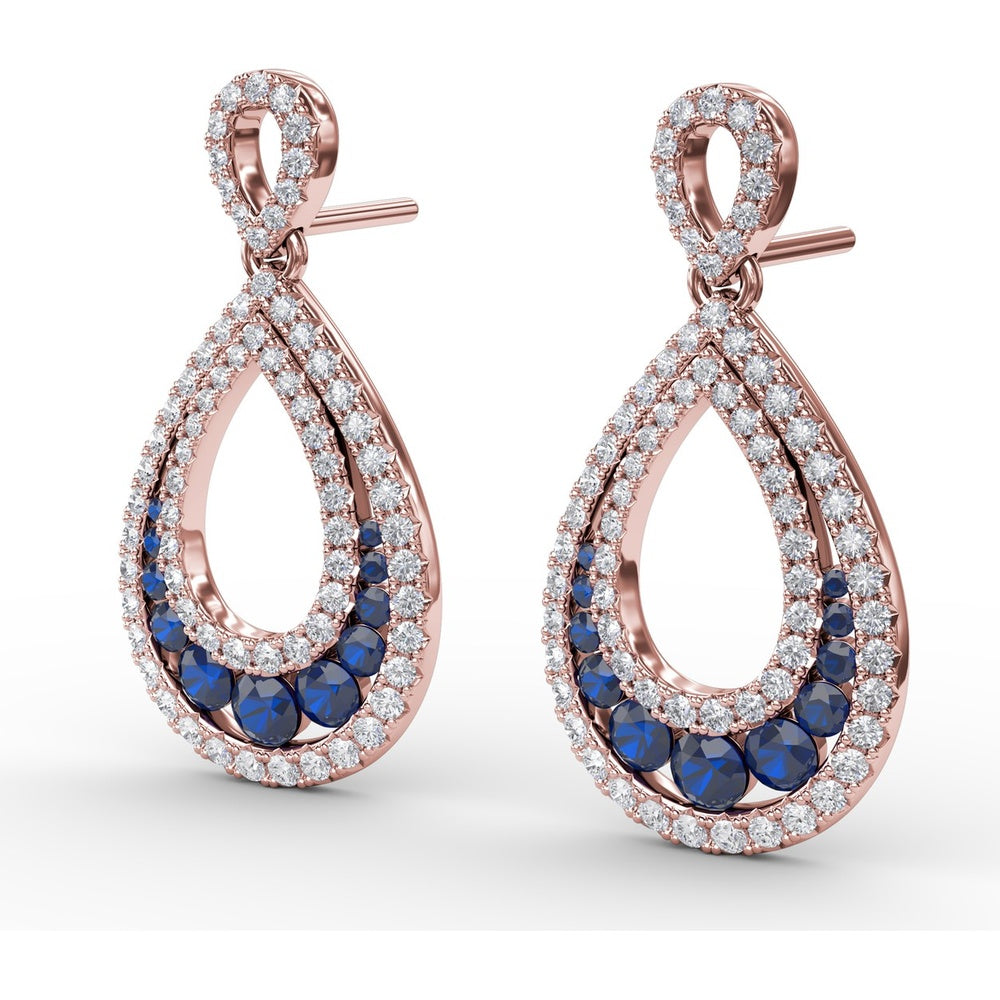 Openwork Teardrop Drop Earrings with Pavé Diamonds and Round Blue Sapphires by Fana - 2.18 Carat Total Gemstone Weight