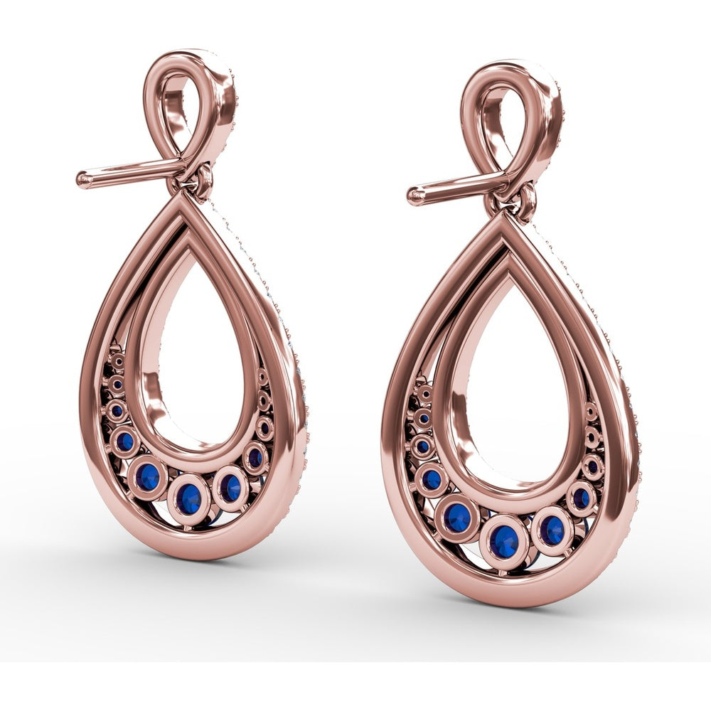Openwork Teardrop Drop Earrings with Pavé Diamonds and Round Blue Sapphires by Fana - 2.18 Carat Total Gemstone Weight