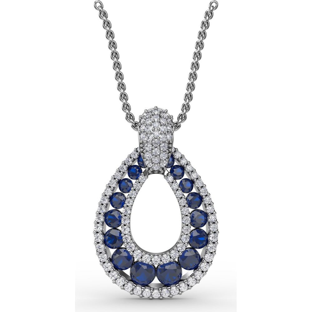 Openwork Teardrop Pendant with Pavé Diamond Halo and Round Sapphires by Fana - 2.23 Carat Total Gemstone Weight