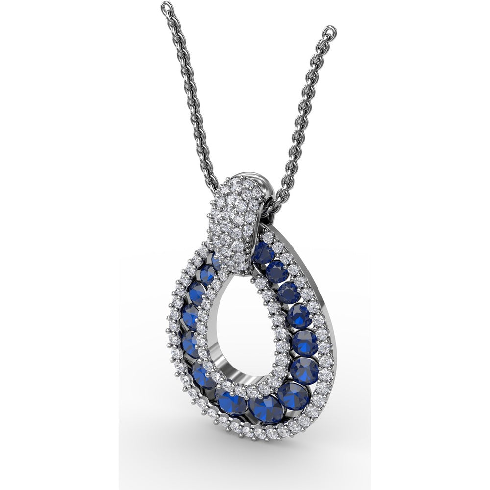 Openwork Teardrop Pendant with Pavé Diamond Halo and Round Sapphires by Fana - 2.23 Carat Total Gemstone Weight