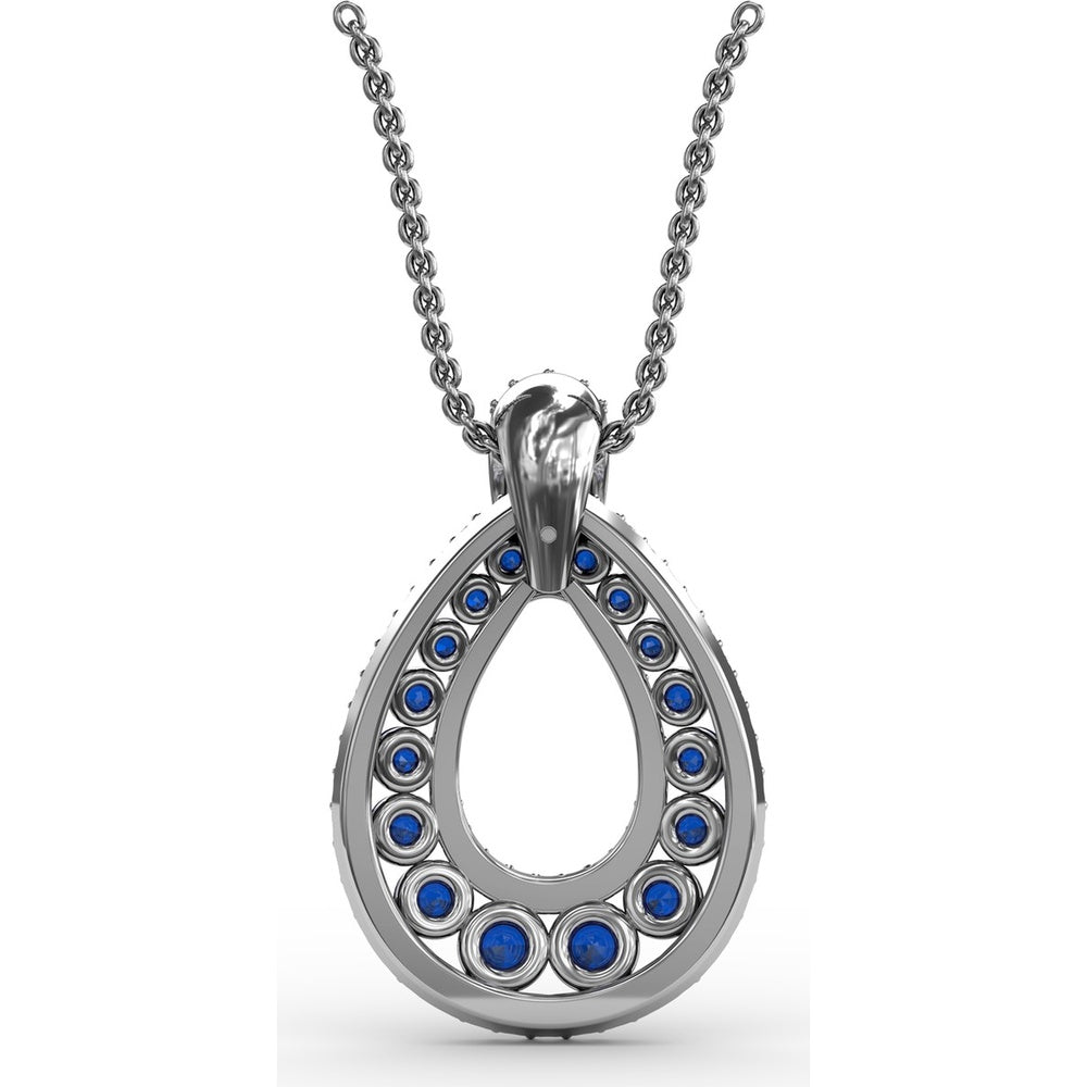 Openwork Teardrop Pendant with Pavé Diamond Halo and Round Sapphires by Fana - 2.23 Carat Total Gemstone Weight