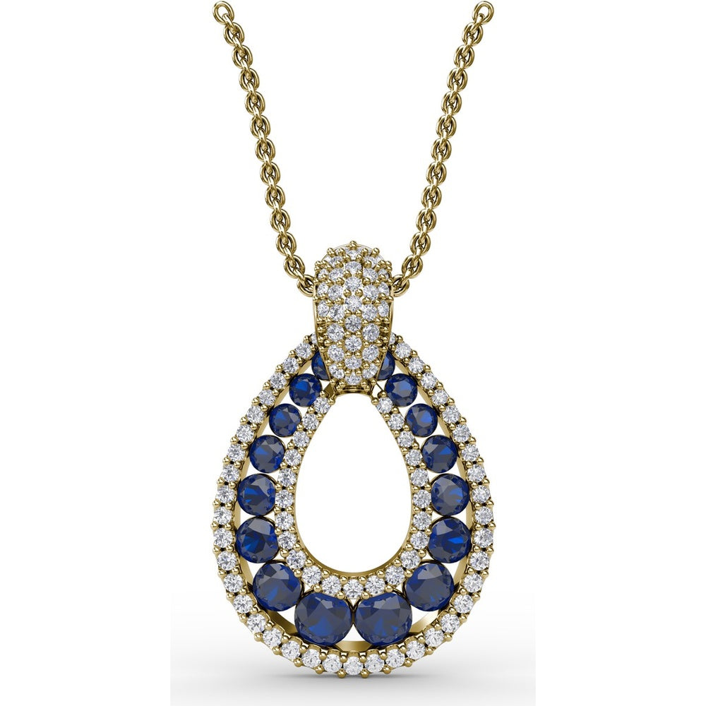 Openwork Teardrop Pendant with Pavé Diamond Halo and Round Sapphires by Fana - 2.23 Carat Total Gemstone Weight