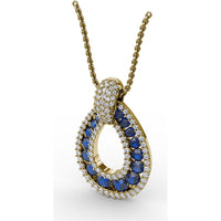 Openwork Teardrop Pendant with Pavé Diamond Halo and Round Sapphires by Fana - 2.23 Carat Total Gemstone Weight