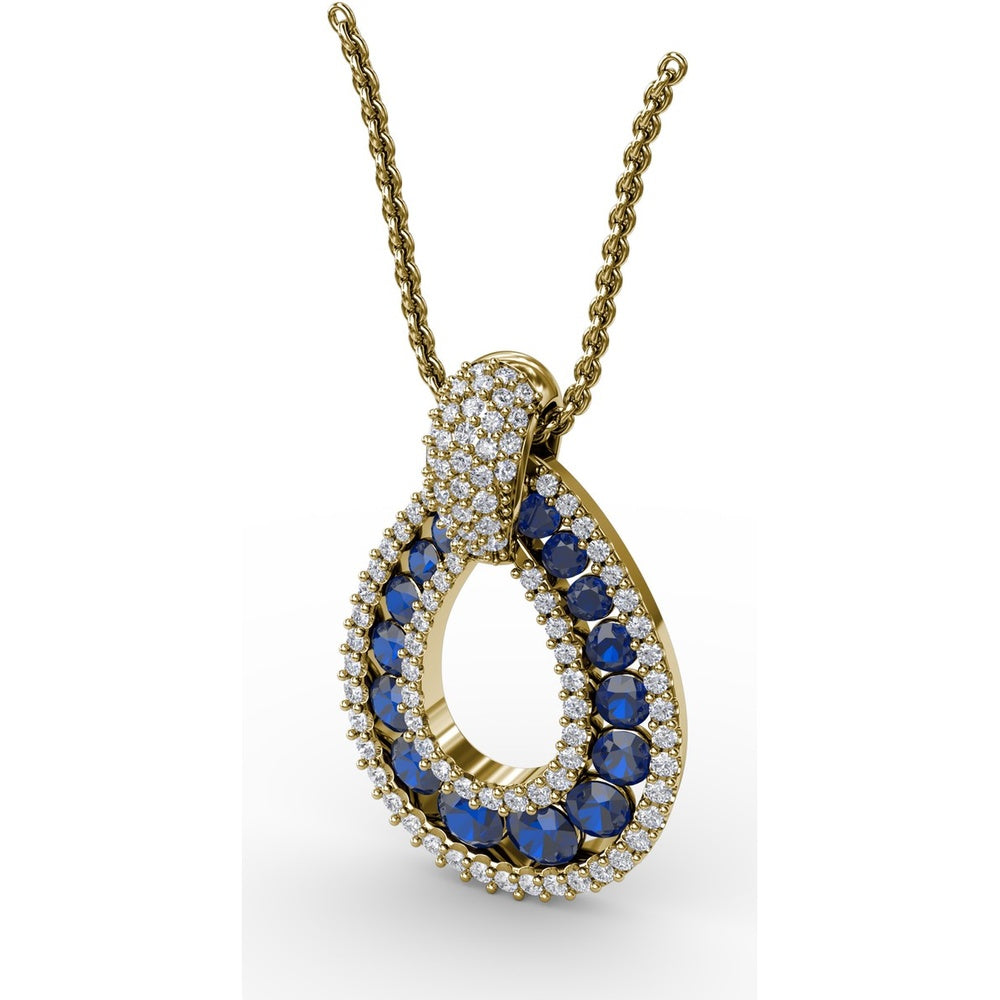 Openwork Teardrop Pendant with Pavé Diamond Halo and Round Sapphires by Fana - 2.23 Carat Total Gemstone Weight