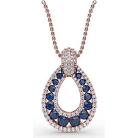 Openwork Teardrop Pendant with Pavé Diamond Halo and Round Sapphires by Fana - 2.23 Carat Total Gemstone Weight
