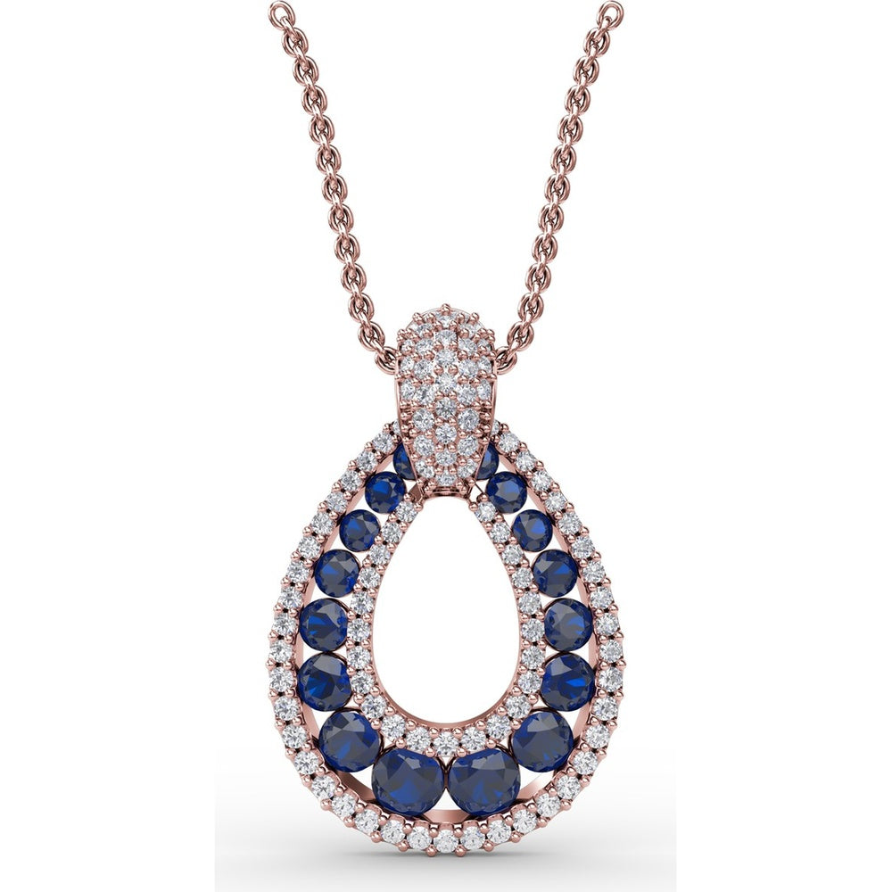 Openwork Teardrop Pendant with Pavé Diamond Halo and Round Sapphires by Fana - 2.23 Carat Total Gemstone Weight