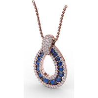 Openwork Teardrop Pendant with Pavé Diamond Halo and Round Sapphires by Fana - 2.23 Carat Total Gemstone Weight
