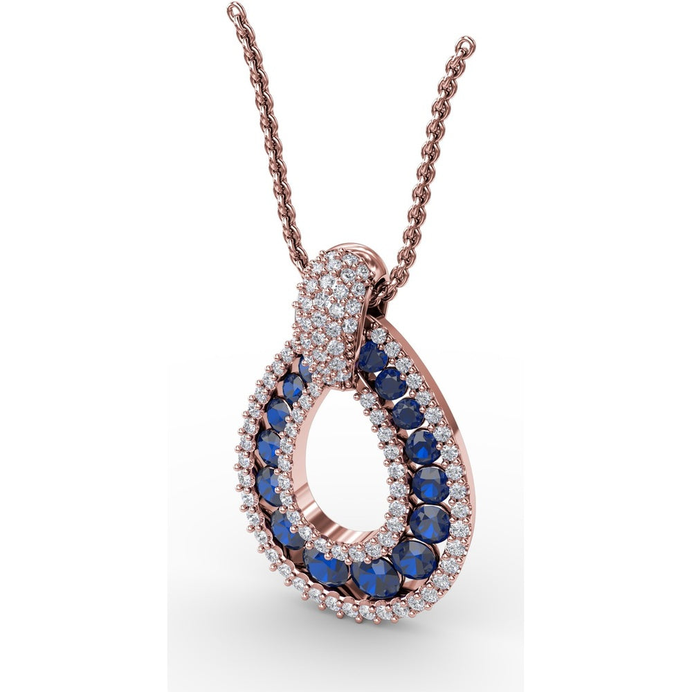 Openwork Teardrop Pendant with Pavé Diamond Halo and Round Sapphires by Fana - 2.23 Carat Total Gemstone Weight