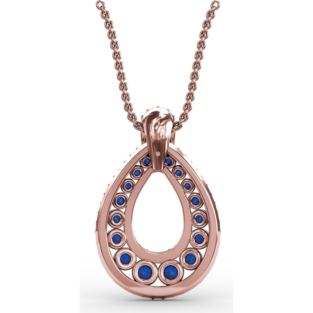 Openwork Teardrop Pendant with Pavé Diamond Halo and Round Sapphires by Fana - 2.23 Carat Total Gemstone Weight