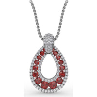 Openwork Teardrop Pendant with Pavé Diamonds and Prong-Set Round Rubies by Fana - 2.24 Carat Total Gemstone Weight