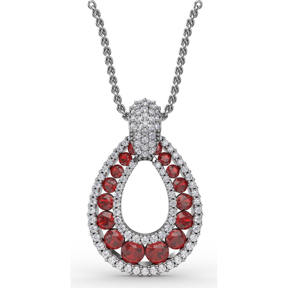 Openwork Teardrop Pendant with Pavé Diamonds and Prong-Set Round Rubies by Fana - 2.24 Carat Total Gemstone Weight