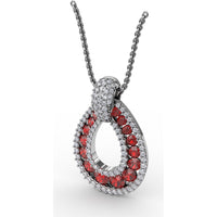 Openwork Teardrop Pendant with Pavé Diamonds and Prong-Set Round Rubies by Fana - 2.24 Carat Total Gemstone Weight